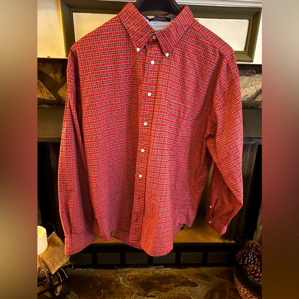 Tommy Hilfiger Men’s 2XL button down shirt with red plaid, worn very little.